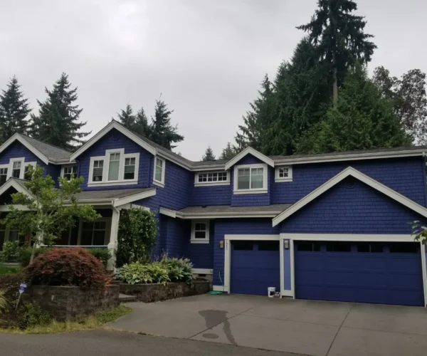 Two-story house with blue siding, white trim, three-car garage, and surrounded by trees and greenery.