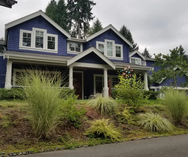 A two-story blue house with white trim, surrounded by shrubs and tall grass, sits under an overcast sky.