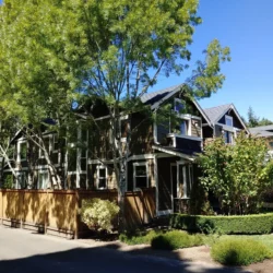 Two-story suburban house with wooden fence, surrounded by green trees and manicured shrubs on a sunny day.